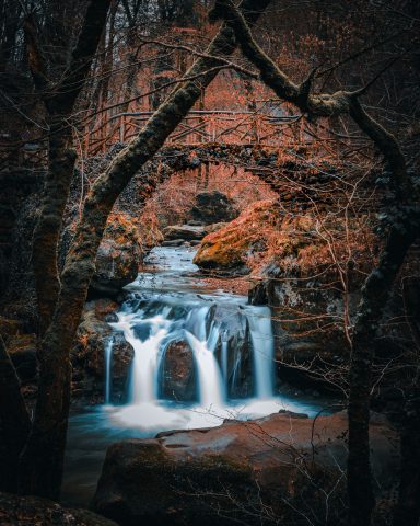 Ein Wasserfall fließt über Steine, umgeben von herbstlichen Bäumen und Felsen.